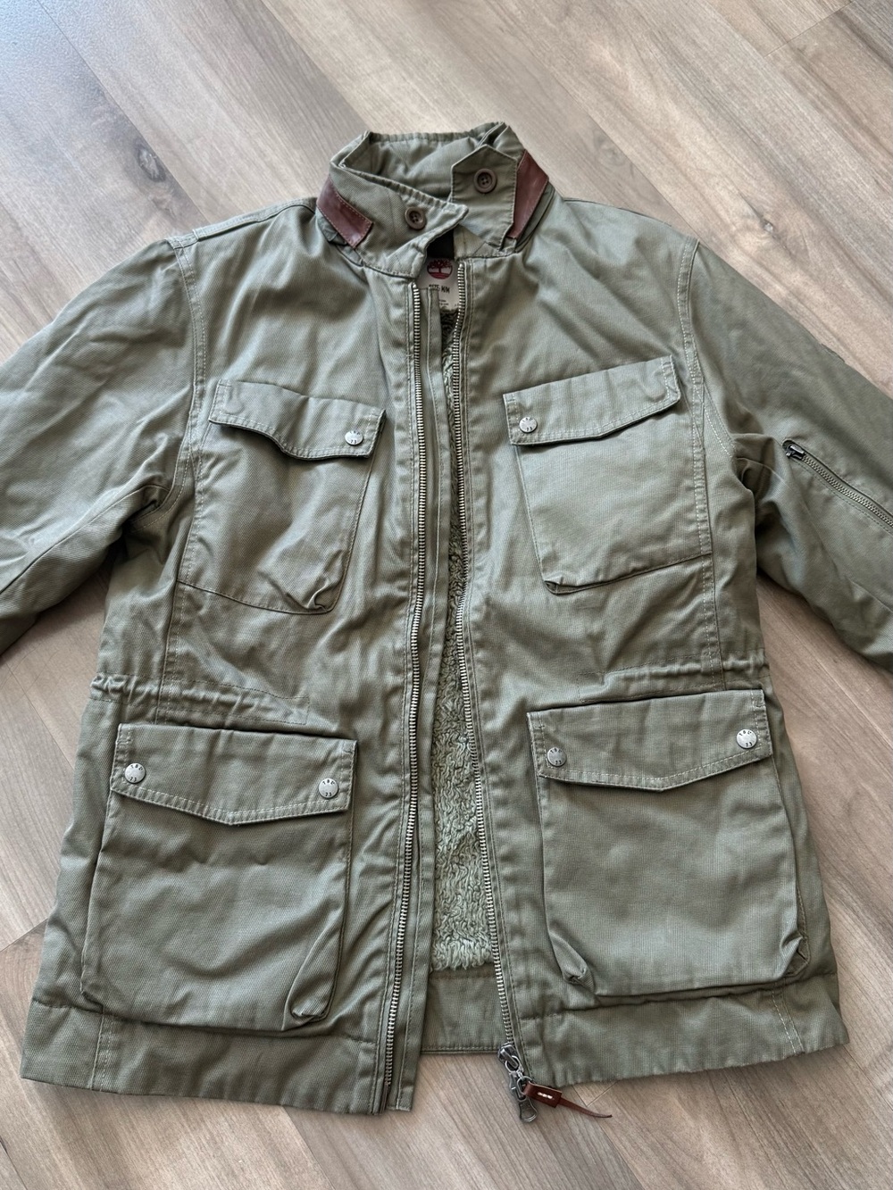 Timberland Olive Field Jacket with Brown Collar Accents